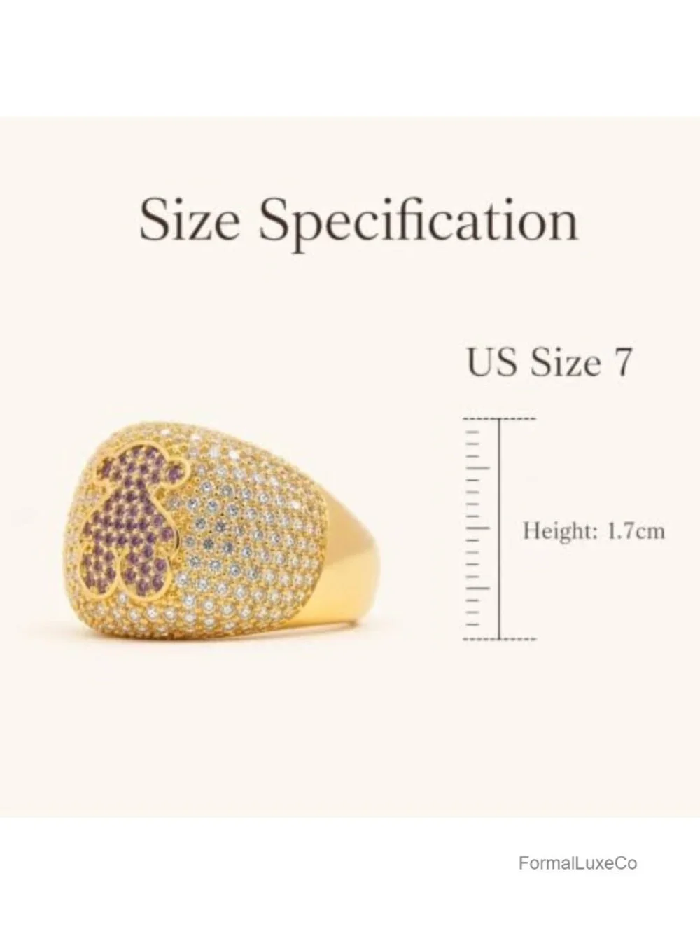 14K Gold Plated Pave CZ Bear Dome Statement Ring Women's Cocktail